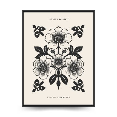 Soyut linocut çiçek posteri şablonu. Modern moda minimal tarz. Siyah ve beyaz renkler. Botanik tıkanıklığı. Duvar kağıdı, duvar dekoru, baskı, kartpostal, kapak, şablon için el çizimi tasarımı. 