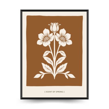 Soyut linocut çiçek posteri şablonu. Modern moda minimal tarz. Siyah ve beyaz renkler. Botanik tıkanıklığı. Duvar kağıdı, duvar dekoru, baskı, kartpostal, kapak, şablon için el çizimi tasarımı. 