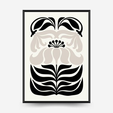 Soyut koyu renkli çiçek posteri şablonu. Modern trend Matisse minimal tarzı. Siyah ve beyaz renkler. Duvar kağıdı, duvar dekoru, baskı, kartpostal, kapak, şablon, pankart için el çizimi tasarımı. 