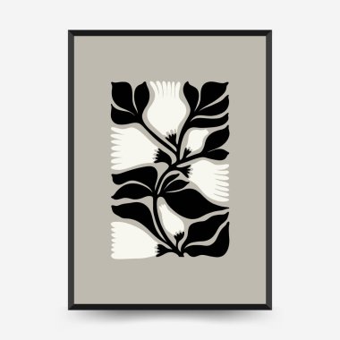 Soyut koyu renkli çiçek posteri şablonu. Modern trend Matisse minimal tarzı. Siyah ve beyaz renkler. Duvar kağıdı, duvar dekoru, baskı, kartpostal, kapak, şablon, pankart için el çizimi tasarımı. 