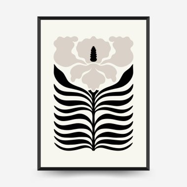Soyut koyu renkli çiçek posteri şablonu. Modern trend Matisse minimal tarzı. Siyah ve beyaz renkler. Duvar kağıdı, duvar dekoru, baskı, kartpostal, kapak, şablon, pankart için el çizimi tasarımı. 