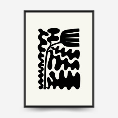 Soyut koyu renkli çiçek posteri şablonu. Modern trend Matisse minimal tarzı. Siyah ve beyaz renkler. Duvar kağıdı, duvar dekoru, baskı, kartpostal, kapak, şablon, pankart için el çizimi tasarımı. 