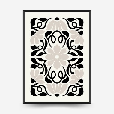 Soyut koyu renkli çiçek posteri şablonu. Modern trend Matisse minimal tarzı. Siyah ve beyaz renkler. Duvar kağıdı, duvar dekoru, baskı, kartpostal, kapak, şablon, pankart için el çizimi tasarımı. 