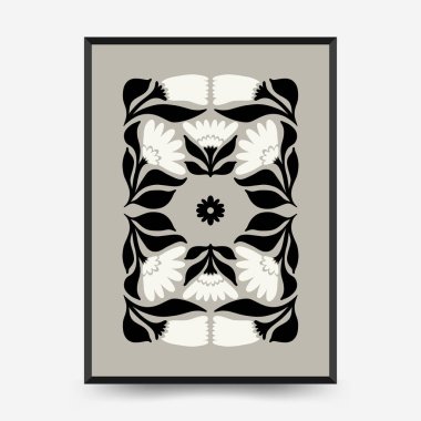 Soyut koyu renkli çiçek posteri şablonu. Modern trend Matisse minimal tarzı. Siyah ve beyaz renkler. Duvar kağıdı, duvar dekoru, baskı, kartpostal, kapak, şablon, pankart için el çizimi tasarımı. 