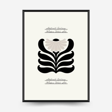 Soyut koyu renkli çiçek posteri şablonu. Modern trend Matisse minimal tarzı. Siyah ve beyaz renkler. Duvar kağıdı, duvar dekoru, baskı, kartpostal, kapak, şablon, pankart için el çizimi tasarımı. 
