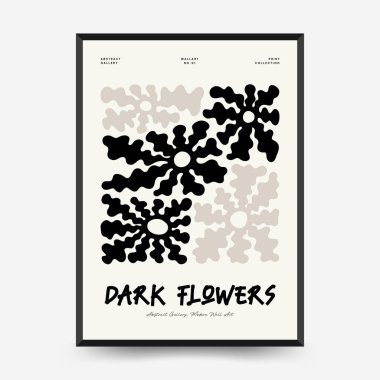 Soyut koyu renkli çiçek posteri şablonu. Modern trend Matisse minimal tarzı. Siyah ve beyaz renkler. Duvar kağıdı, duvar dekoru, baskı, kartpostal, kapak, şablon, pankart için el çizimi tasarımı. 