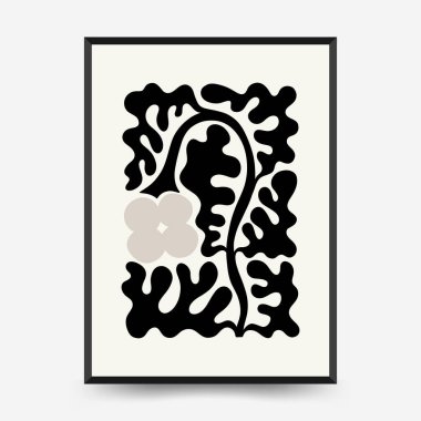 Soyut koyu renkli çiçek posteri şablonu. Modern trend Matisse minimal tarzı. Siyah ve beyaz renkler. Duvar kağıdı, duvar dekoru, baskı, kartpostal, kapak, şablon, pankart için el çizimi tasarımı. 