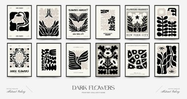 Soyut koyu renkli çiçek posteri şablonu. Modern trend Matisse minimal tarzı. Siyah ve beyaz renkler. Duvar kağıdı, duvar dekoru, baskı, kartpostal, kapak, şablon, pankart için el çizimi tasarımı. 