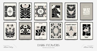 Soyut koyu renkli çiçek posteri şablonu. Modern trend Matisse minimal tarzı. Siyah ve beyaz renkler. Duvar kağıdı, duvar dekoru, baskı, kartpostal, kapak, şablon, pankart için el çizimi tasarımı. 