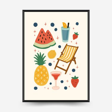 Soyut çocuksu yazlık titreşim posterleri şablonu. Modern moda minimal tarz. Duvar kağıdı, duvar dekoru, baskı, kartpostal, kapak, şablon, pankart için el çizimi yuvarlak tasarım. 