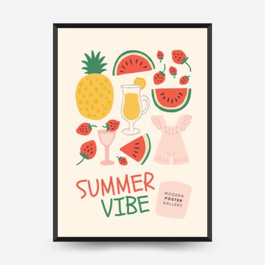 Soyut çocuksu yazlık titreşim posterleri şablonu. Modern moda minimal tarz. Duvar kağıdı, duvar dekoru, baskı, kartpostal, kapak, şablon, pankart için el çizimi yuvarlak tasarım. 