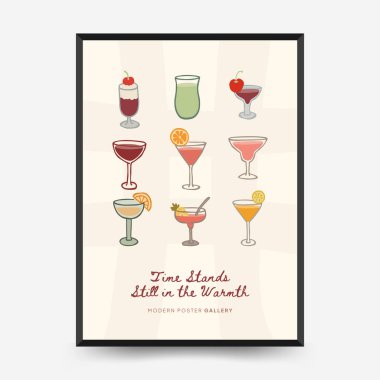 Soyut çocuksu yazlık titreşim posterleri şablonu. Modern moda minimal tarz. Duvar kağıdı, duvar dekoru, baskı, kartpostal, kapak, şablon, pankart için el çizimi yuvarlak tasarım. 