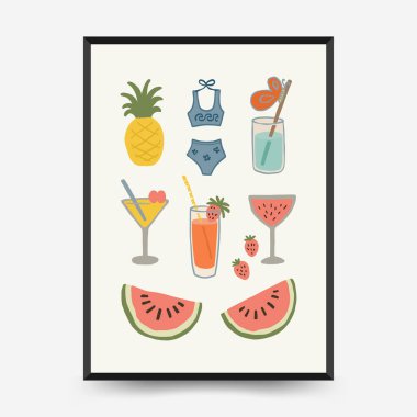 Soyut çocuksu yazlık titreşim posterleri şablonu. Modern moda minimal tarz. Duvar kağıdı, duvar dekoru, baskı, kartpostal, kapak, şablon, pankart için el çizimi yuvarlak tasarım. 