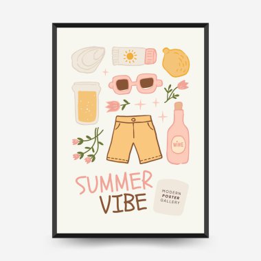 Soyut çocuksu yazlık titreşim posterleri şablonu. Modern moda minimal tarz. Duvar kağıdı, duvar dekoru, baskı, kartpostal, kapak, şablon, pankart için el çizimi yuvarlak tasarım. 