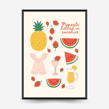 Soyut çocuksu yazlık titreşim posterleri şablonu. Modern moda minimal tarz. Duvar kağıdı, duvar dekoru, baskı, kartpostal, kapak, şablon, pankart için el çizimi yuvarlak tasarım. 