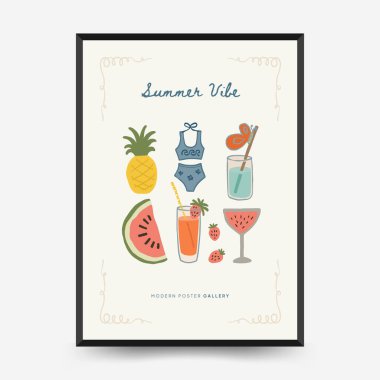 Soyut çocuksu yazlık titreşim posterleri şablonu. Modern moda minimal tarz. Duvar kağıdı, duvar dekoru, baskı, kartpostal, kapak, şablon, pankart için el çizimi yuvarlak tasarım. 