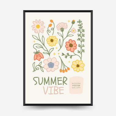 Soyut çocuksu yazlık titreşim posterleri şablonu. Modern moda minimal tarz. Duvar kağıdı, duvar dekoru, baskı, kartpostal, kapak, şablon, pankart için el çizimi yuvarlak tasarım. 