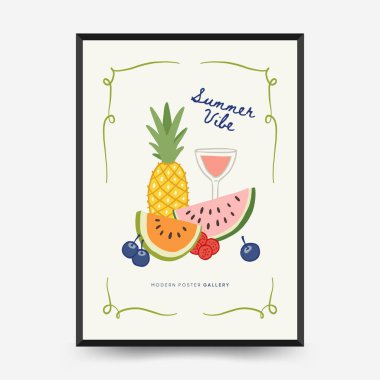 Soyut çocuksu yazlık titreşim posterleri şablonu. Modern moda minimal tarz. Duvar kağıdı, duvar dekoru, baskı, kartpostal, kapak, şablon, pankart için el çizimi yuvarlak tasarım. 