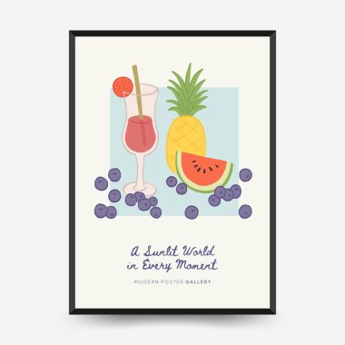 Soyut çocuksu yazlık titreşim posterleri şablonu. Modern moda minimal tarz. Duvar kağıdı, duvar dekoru, baskı, kartpostal, kapak, şablon, pankart için el çizimi yuvarlak tasarım. 