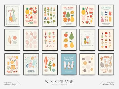 Soyut çocuksu yazlık titreşim posterleri şablonu. Modern moda minimal tarz. Duvar kağıdı, duvar dekoru, baskı, kartpostal, kapak, şablon, pankart için el çizimi yuvarlak tasarım. 