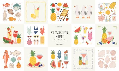 Soyut çocuksu yazlık titreşim posterleri şablonu. Modern moda minimal tarz. Duvar kağıdı, duvar dekoru, baskı, kartpostal, kapak, şablon, pankart için el çizimi yuvarlak tasarım. 