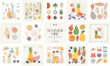 Soyut çocuksu yazlık titreşim posterleri şablonu. Modern moda minimal tarz. Duvar kağıdı, duvar dekoru, baskı, kartpostal, kapak, şablon, pankart için el çizimi yuvarlak tasarım. 