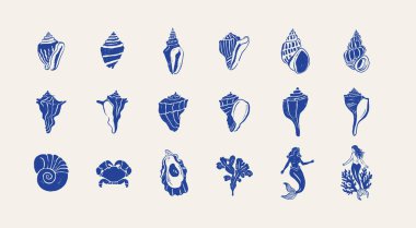 Okyanus ve deniz temalı vektör çizimleri koleksiyonu. Dalgalar, deniz hayvanları, deniz kabukları, tekneler ve su altı elementlerini içerir. Yaz tasarımları ve doğa projeleri için mükemmel..