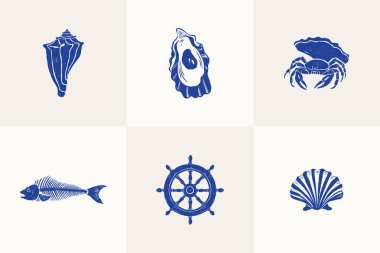 Okyanus ve deniz temalı vektör çizimleri koleksiyonu. Dalgalar, deniz hayvanları, deniz kabukları, tekneler ve su altı elementlerini içerir. Yaz tasarımları ve doğa projeleri için mükemmel..