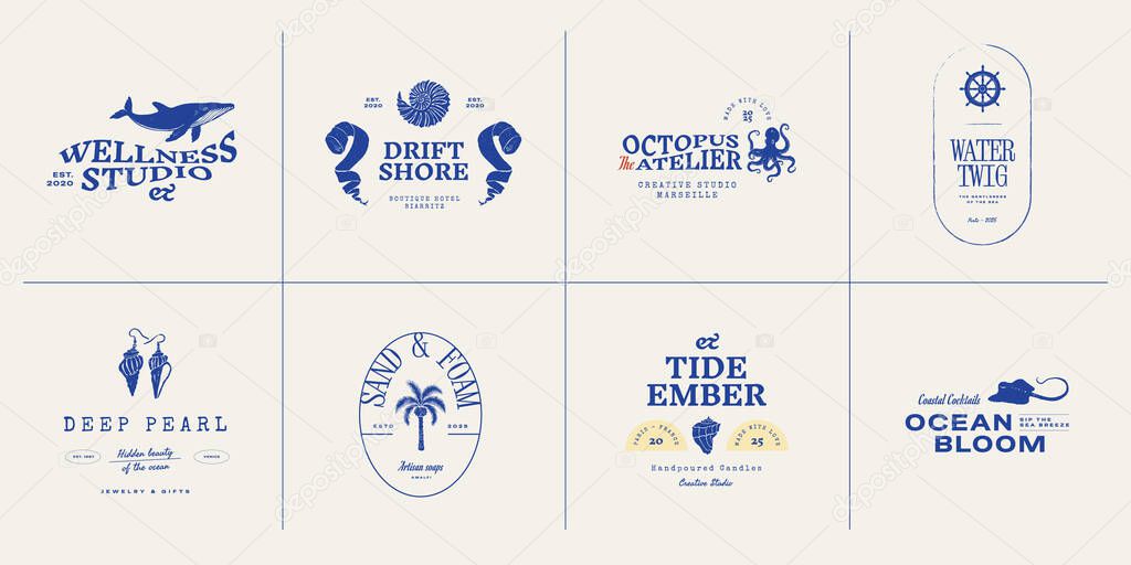 Set of ocean-themed vector logos. Includes stylized waves, marine animals, and coastal elements. Great for branding beach resorts, travel services, or eco-friendly businesses.