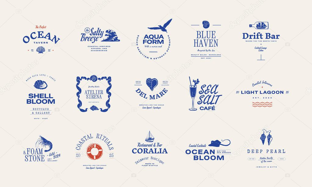 Set of ocean-themed vector logos. Includes stylized waves, marine animals, and coastal elements. Great for branding beach resorts, travel services, or eco-friendly businesses.