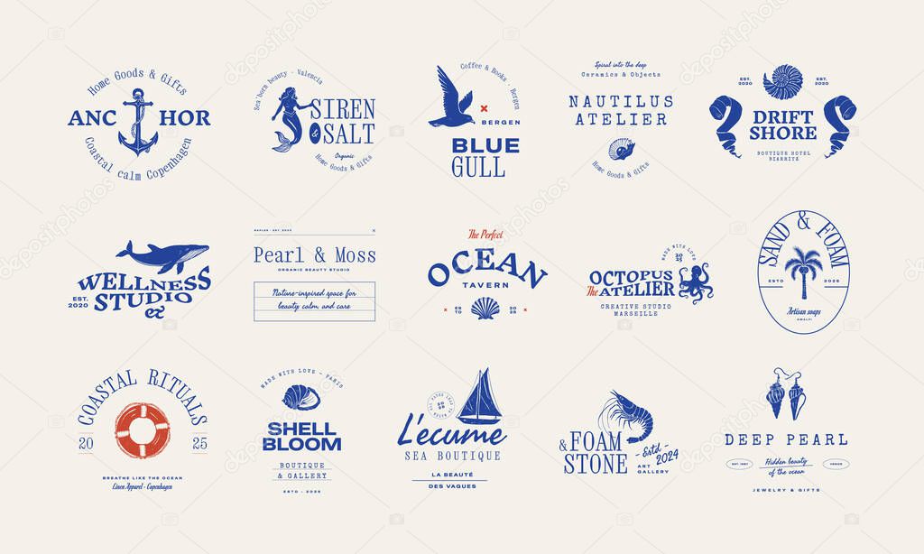 Set of ocean-themed vector logos. Includes stylized waves, marine animals, and coastal elements. Great for branding beach resorts, travel services, or eco-friendly businesses.
