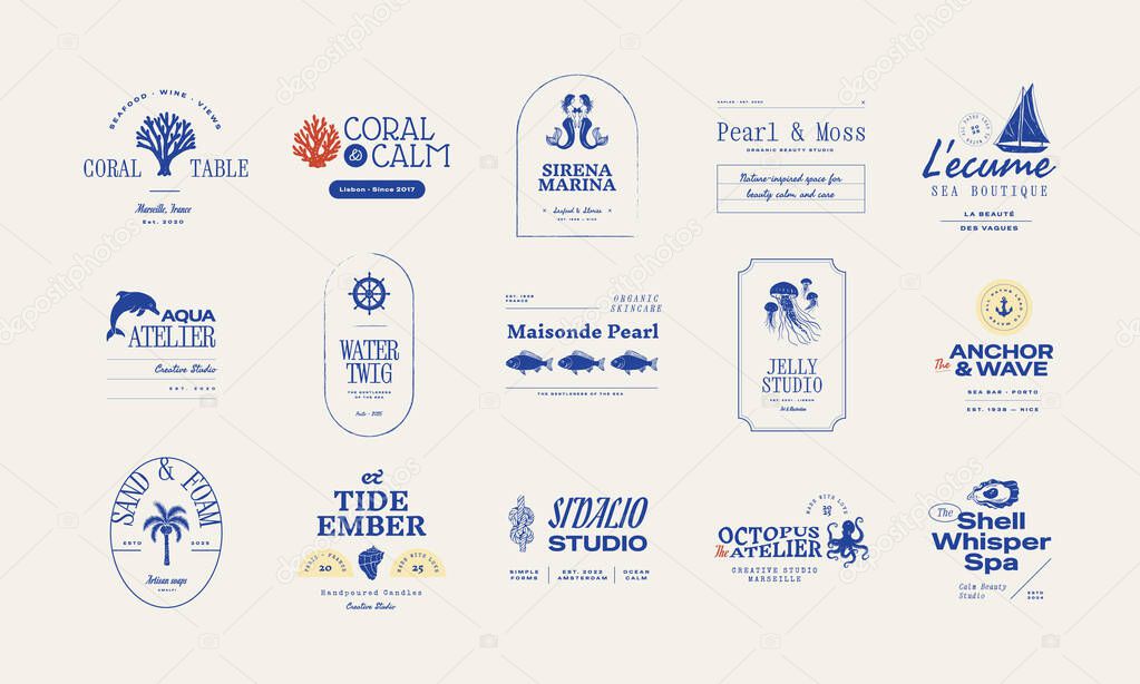 Set of ocean-themed vector logos. Includes stylized waves, marine animals, and coastal elements. Great for branding beach resorts, travel services, or eco-friendly businesses.