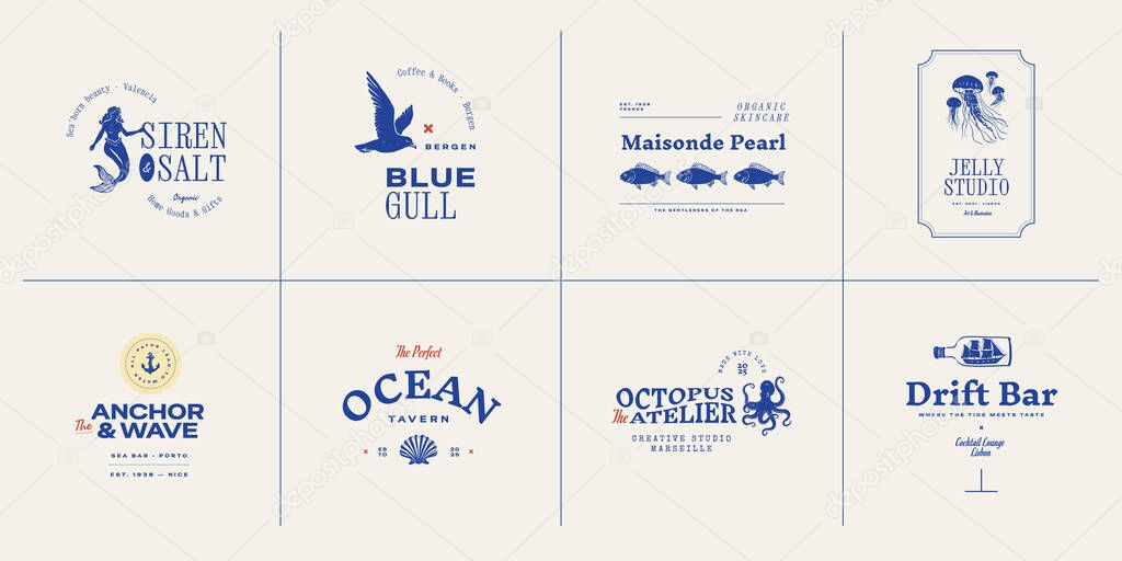 Set of ocean-themed vector logos. Includes stylized waves, marine animals, and coastal elements. Great for branding beach resorts, travel services, or eco-friendly businesses.