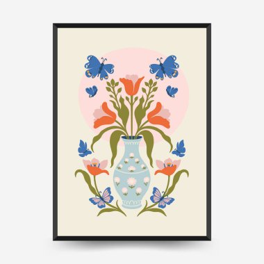 Soyut çiçek posterleri şablonu. Modern trend Matisse minimal tarzı. Pembe ve mavi renkler. Duvar kağıdı, duvar dekoru, baskı, kartpostal, kapak, şablon, pankart için el çizimi tasarımı. 