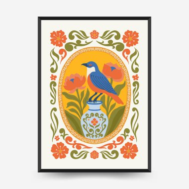 Soyut çiçek posterleri şablonu. Modern trend Matisse minimal tarzı. Pembe ve mavi renkler. Duvar kağıdı, duvar dekoru, baskı, kartpostal, kapak, şablon, pankart için el çizimi tasarımı. 