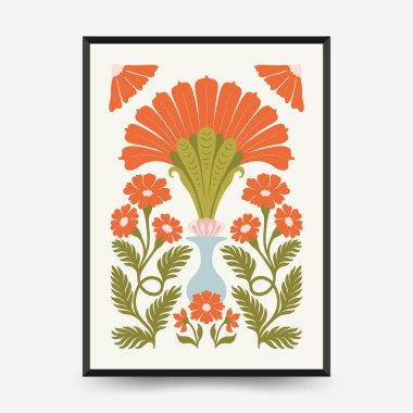 Soyut çiçek posterleri şablonu. Modern trend Matisse minimal tarzı. Pembe ve mavi renkler. Duvar kağıdı, duvar dekoru, baskı, kartpostal, kapak, şablon, pankart için el çizimi tasarımı. 