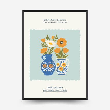 Soyut çiçek posterleri şablonu. Modern trend Matisse minimal tarzı. Pembe ve mavi renkler. Duvar kağıdı, duvar dekoru, baskı, kartpostal, kapak, şablon, pankart için el çizimi tasarımı. 