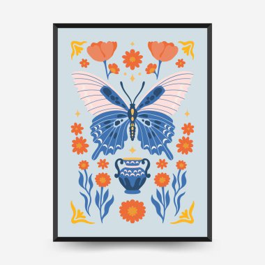 Soyut çiçek posterleri şablonu. Modern trend Matisse minimal tarzı. Pembe ve mavi renkler. Duvar kağıdı, duvar dekoru, baskı, kartpostal, kapak, şablon, pankart için el çizimi tasarımı. 