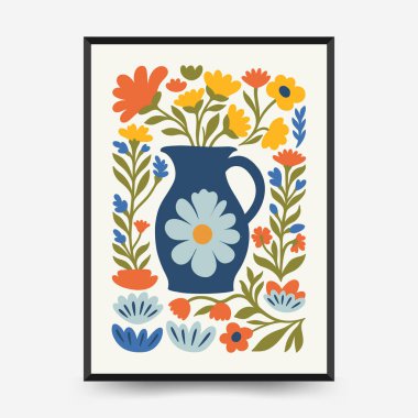 Soyut çiçek posterleri şablonu. Modern trend Matisse minimal tarzı. Pembe ve mavi renkler. Duvar kağıdı, duvar dekoru, baskı, kartpostal, kapak, şablon, pankart için el çizimi tasarımı. 