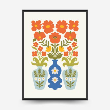 Soyut çiçek posterleri şablonu. Modern trend Matisse minimal tarzı. Pembe ve mavi renkler. Duvar kağıdı, duvar dekoru, baskı, kartpostal, kapak, şablon, pankart için el çizimi tasarımı. 