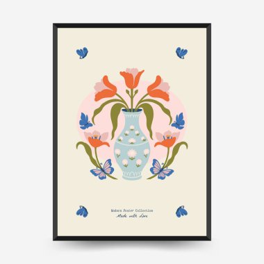 Soyut çiçek posterleri şablonu. Modern trend Matisse minimal tarzı. Pembe ve mavi renkler. Duvar kağıdı, duvar dekoru, baskı, kartpostal, kapak, şablon, pankart için el çizimi tasarımı. 