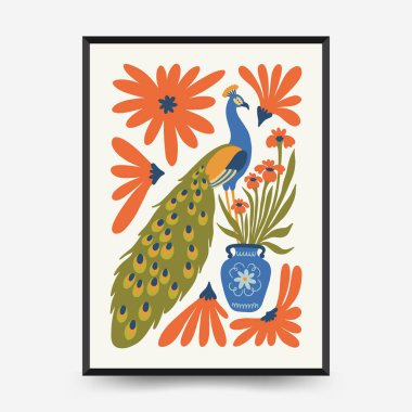 Soyut çiçek posterleri şablonu. Modern trend Matisse minimal tarzı. Pembe ve mavi renkler. Duvar kağıdı, duvar dekoru, baskı, kartpostal, kapak, şablon, pankart için el çizimi tasarımı. 