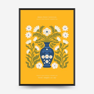 Soyut çiçek posterleri şablonu. Modern trend Matisse minimal tarzı. Pembe ve mavi renkler. Duvar kağıdı, duvar dekoru, baskı, kartpostal, kapak, şablon, pankart için el çizimi tasarımı. 