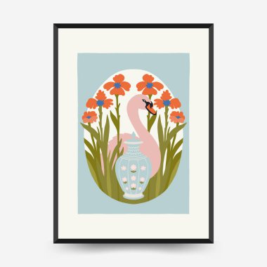 Soyut çiçek posterleri şablonu. Modern trend Matisse minimal tarzı. Pembe ve mavi renkler. Duvar kağıdı, duvar dekoru, baskı, kartpostal, kapak, şablon, pankart için el çizimi tasarımı. 