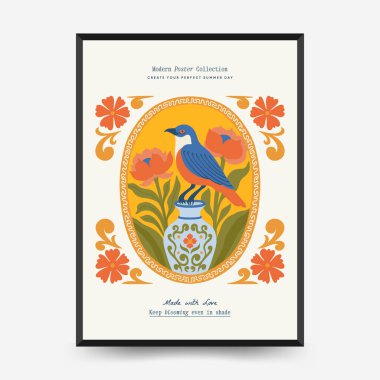 Soyut çiçek posterleri şablonu. Modern trend Matisse minimal tarzı. Pembe ve mavi renkler. Duvar kağıdı, duvar dekoru, baskı, kartpostal, kapak, şablon, pankart için el çizimi tasarımı. 