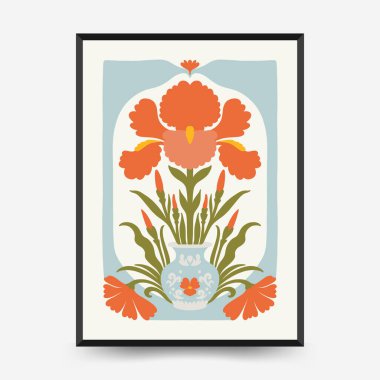 Soyut çiçek posterleri şablonu. Modern trend Matisse minimal tarzı. Pembe ve mavi renkler. Duvar kağıdı, duvar dekoru, baskı, kartpostal, kapak, şablon, pankart için el çizimi tasarımı. 