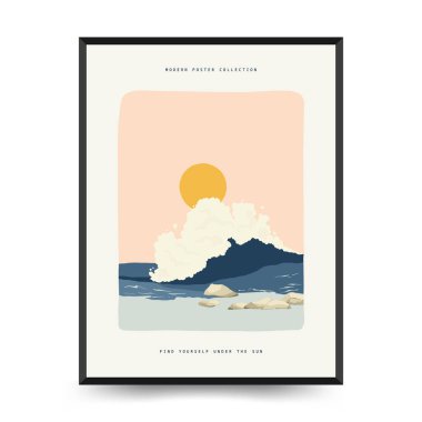 Yaz temalı düzenlenebilir vektör posteri: plaj, deniz, güneş, dalgalar, şemsiyeler. Asgari stil, kişiselleştirmesi kolay, baskı, dekor ve sosyal medya için ideal.