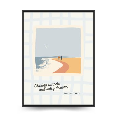 Yaz temalı düzenlenebilir vektör posteri: plaj, deniz, güneş, dalgalar, şemsiyeler. Asgari stil, kişiselleştirmesi kolay, baskı, dekor ve sosyal medya için ideal.