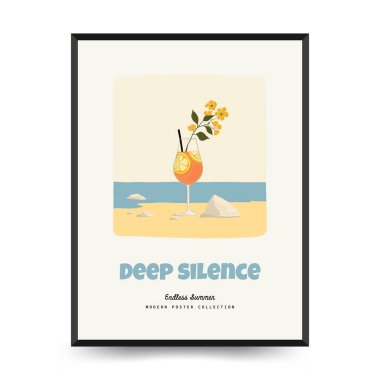 Yaz temalı düzenlenebilir vektör posteri: plaj, deniz, güneş, dalgalar, şemsiyeler. Asgari stil, kişiselleştirmesi kolay, baskı, dekor ve sosyal medya için ideal.