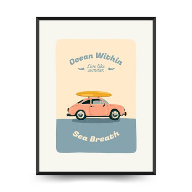 Yaz temalı düzenlenebilir vektör posteri: plaj, deniz, güneş, dalgalar, şemsiyeler. Asgari stil, kişiselleştirmesi kolay, baskı, dekor ve sosyal medya için ideal.